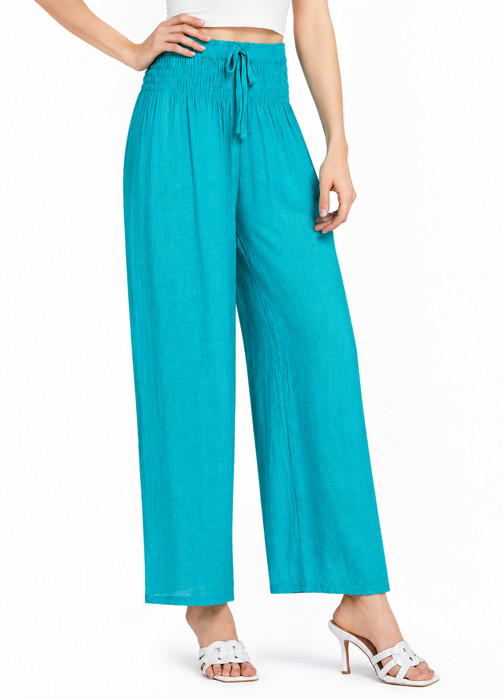Women’s High-Waist Chiffon Wide-Leg Trousers – Shirred Drawstring Loose Fit Ankle-Length Casual Pants