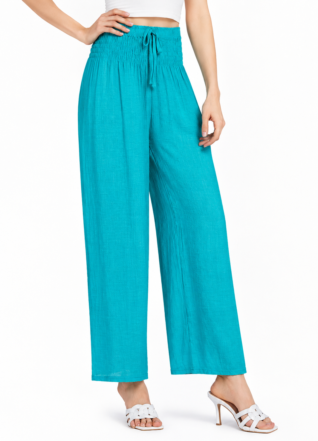 Women’s High-Waist Chiffon Wide-Leg Trousers – Shirred Drawstring Loose Fit Ankle-Length Casual Pants