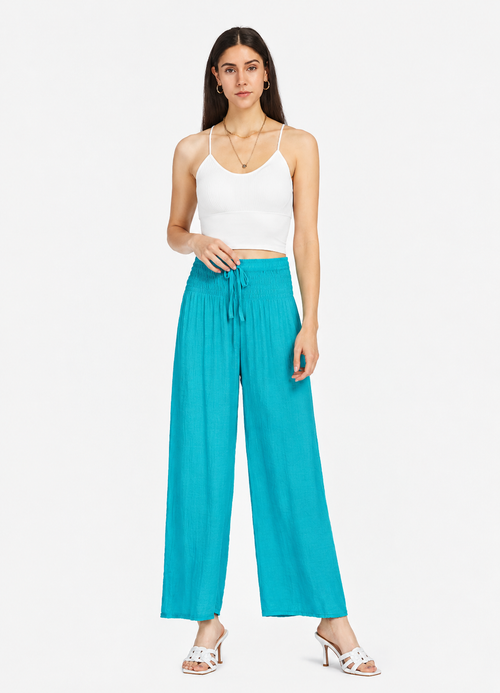 Women’s High-Waist Chiffon Wide-Leg Trousers – Shirred Drawstring Loose Fit Ankle-Length Casual Pants