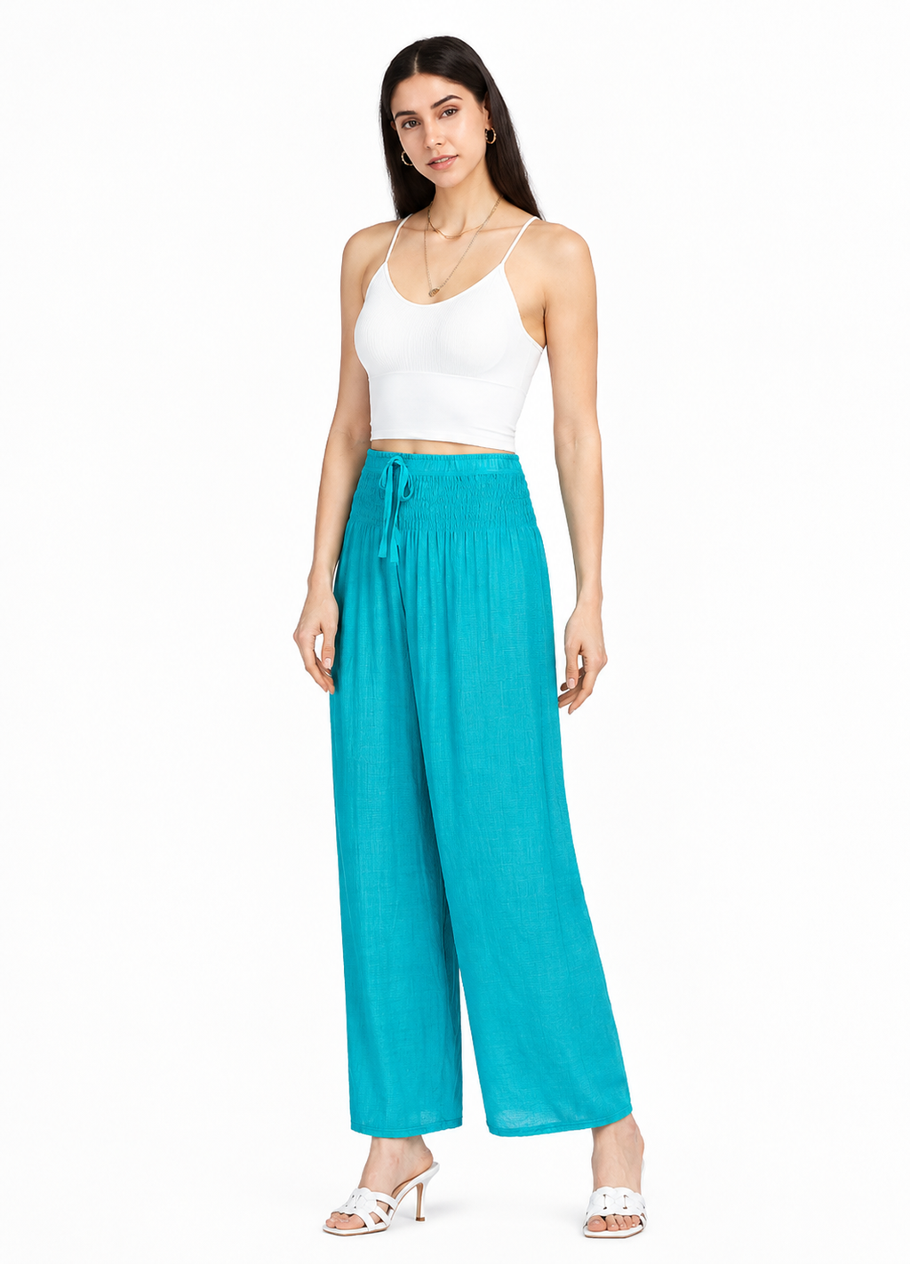 Women’s High-Waist Chiffon Wide-Leg Trousers – Shirred Drawstring Loose Fit Ankle-Length Casual Pants