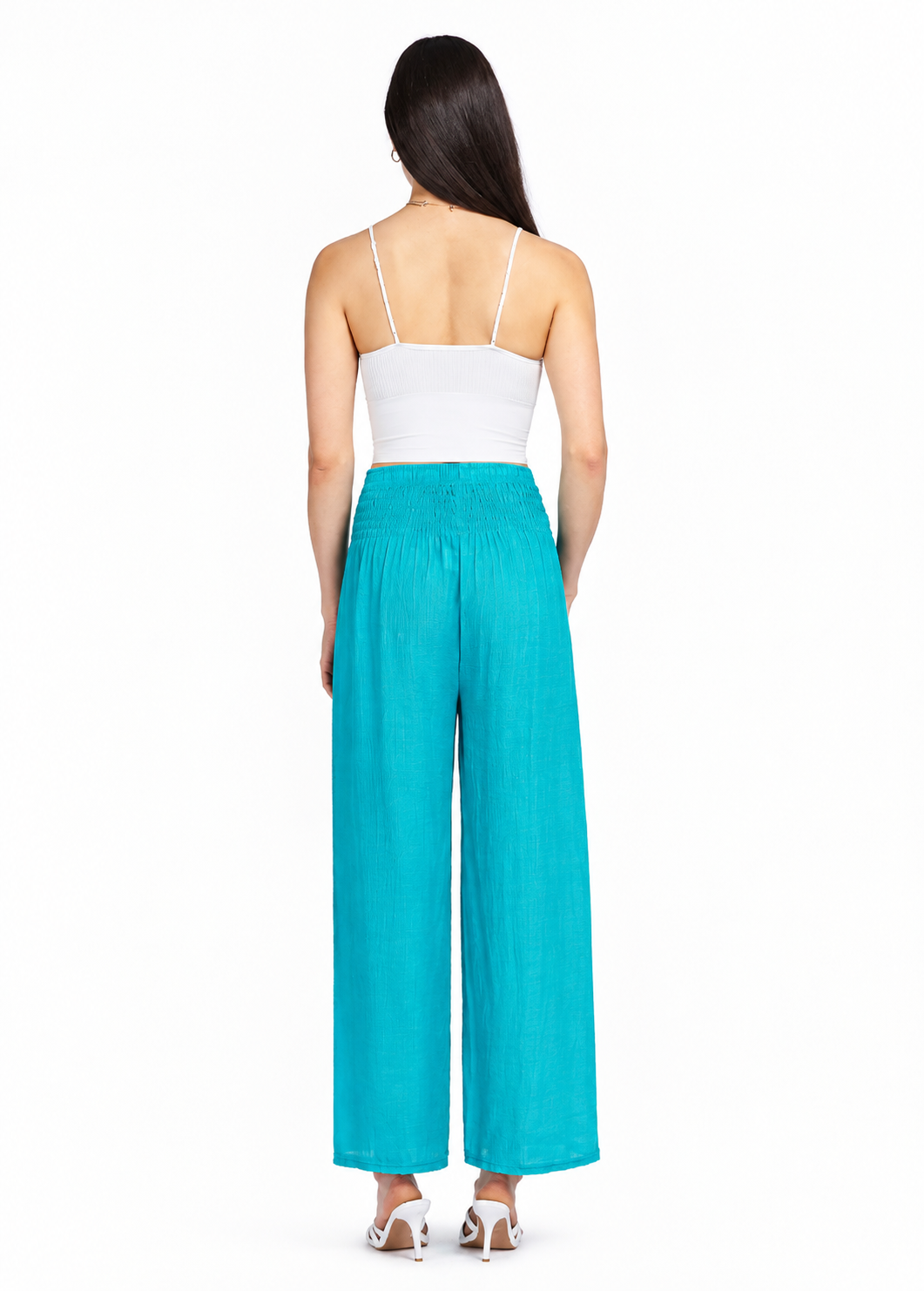 Women’s High-Waist Chiffon Wide-Leg Trousers – Shirred Drawstring Loose Fit Ankle-Length Casual Pants