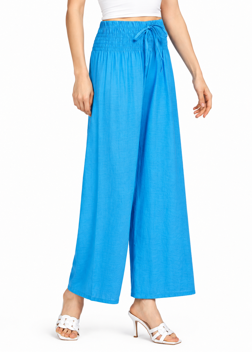 Women’s High-Waist Wide-Leg Casual Pants – Shirred Drawstring Loose Fit Ankle Trousers