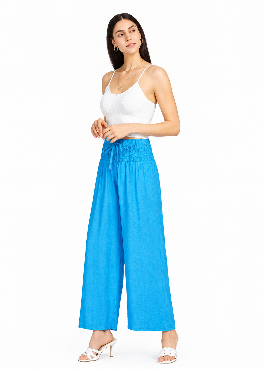 Women’s High-Waist Wide-Leg Casual Pants – Shirred Drawstring Loose Fit Ankle Trousers