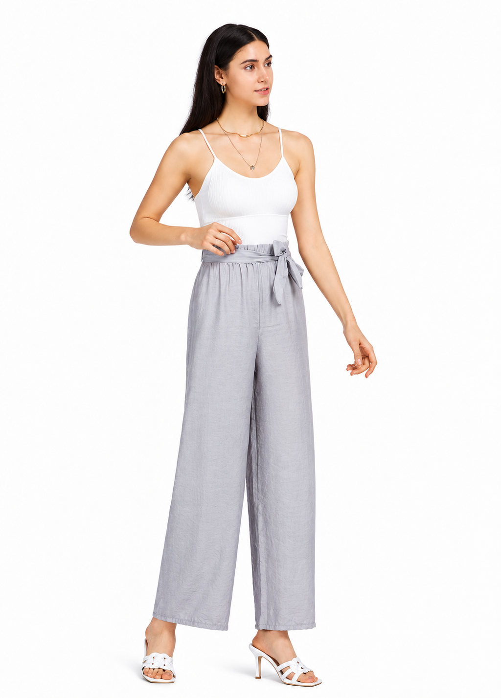 Women’s High-Waist Wide-Leg Casual Trousers – Ruched Lace-Up Loose Fit Ankle-Length Pants