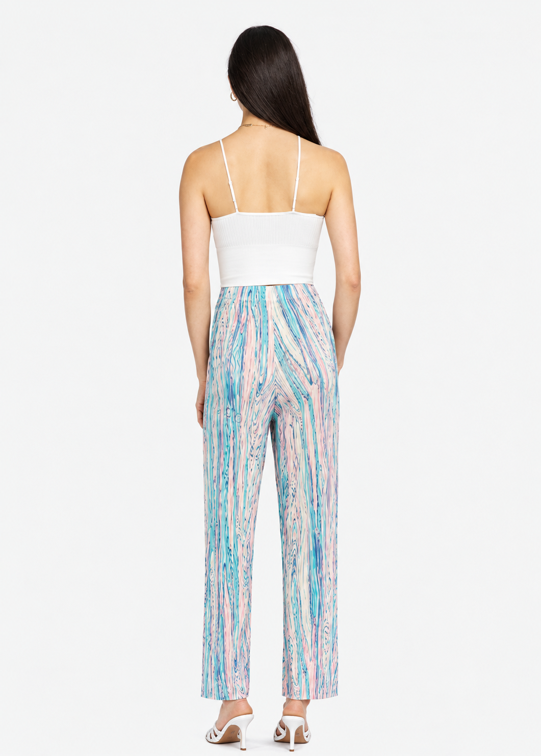 Women’s Pleated Digital Print Wide-Leg Trousers – Natural Waist Regular Fit Long Casual Pants