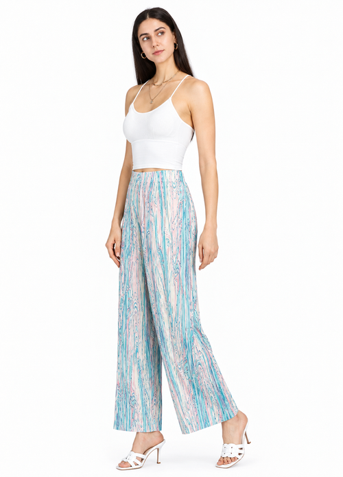 Women’s Pleated Digital Print Wide-Leg Trousers – Natural Waist Regular Fit Long Casual Pants