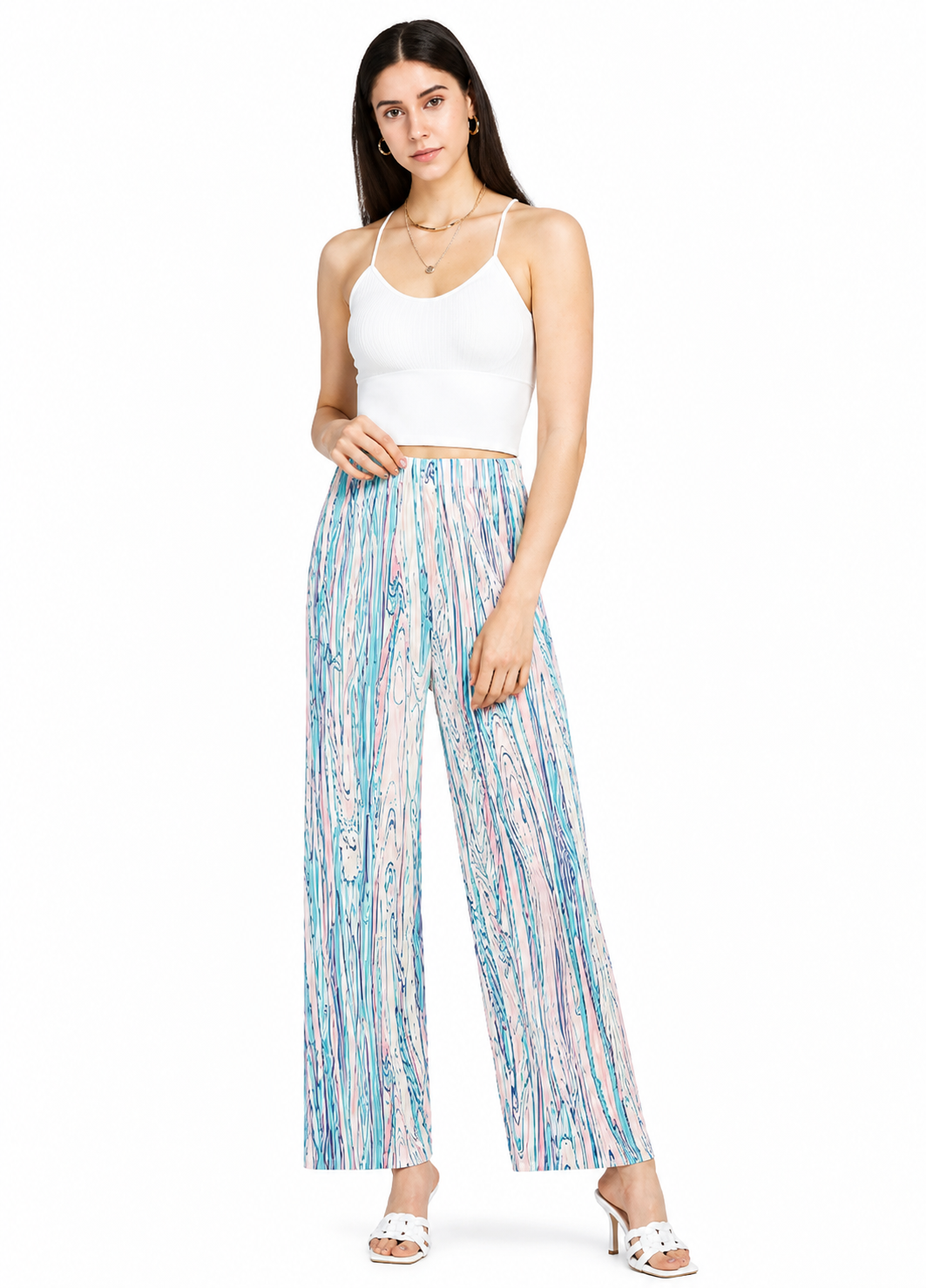 Women’s Pleated Digital Print Wide-Leg Trousers – Natural Waist Regular Fit Long Casual Pants