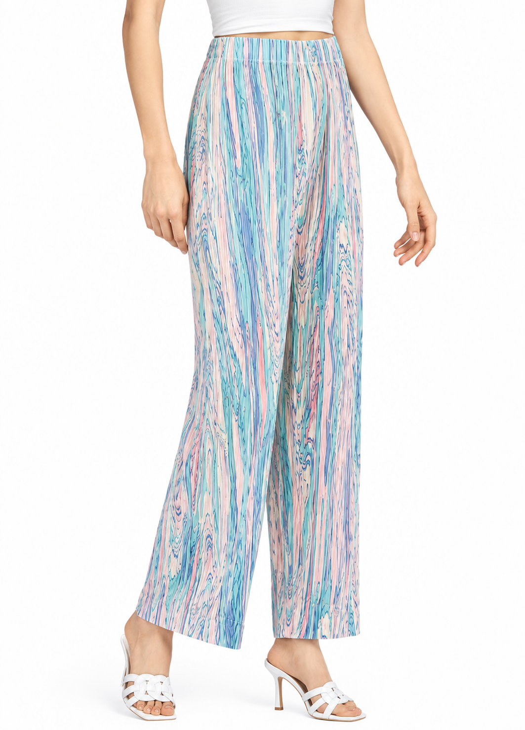 Women’s Pleated Digital Print Wide-Leg Trousers – Natural Waist Regular Fit Long Casual Pants
